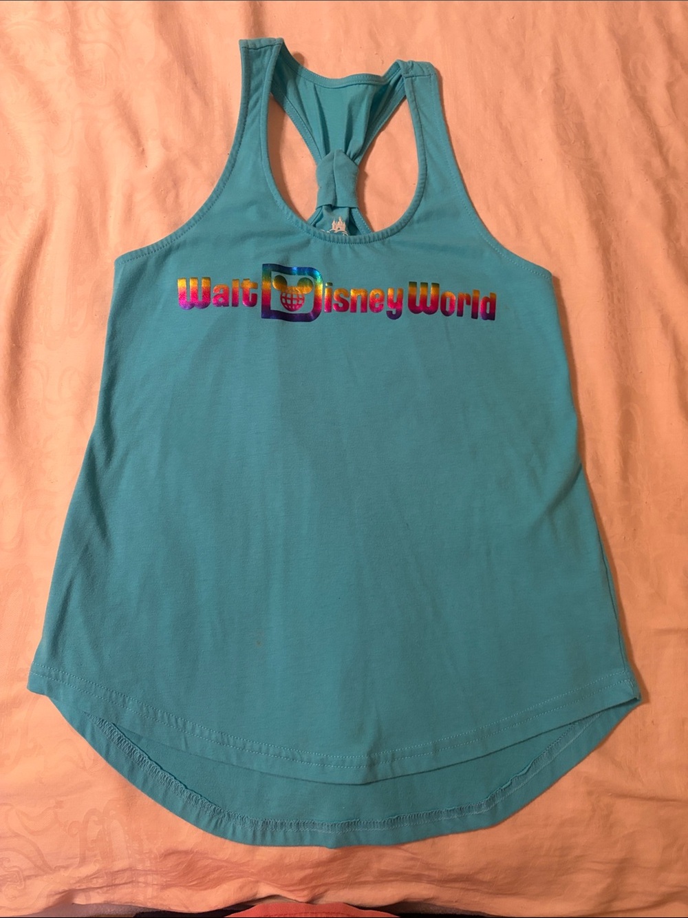 Disney Turquoise Racerback Knot-Back Tank with Rainbow Logo